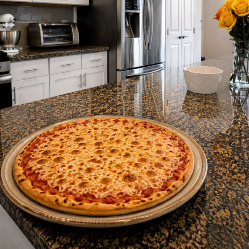 Easy New York Style Pizza Recipe Homemade – Crispy & Chewy Crust Homemade New York style cheese pizza served on a rustic plate in a bright kitchen