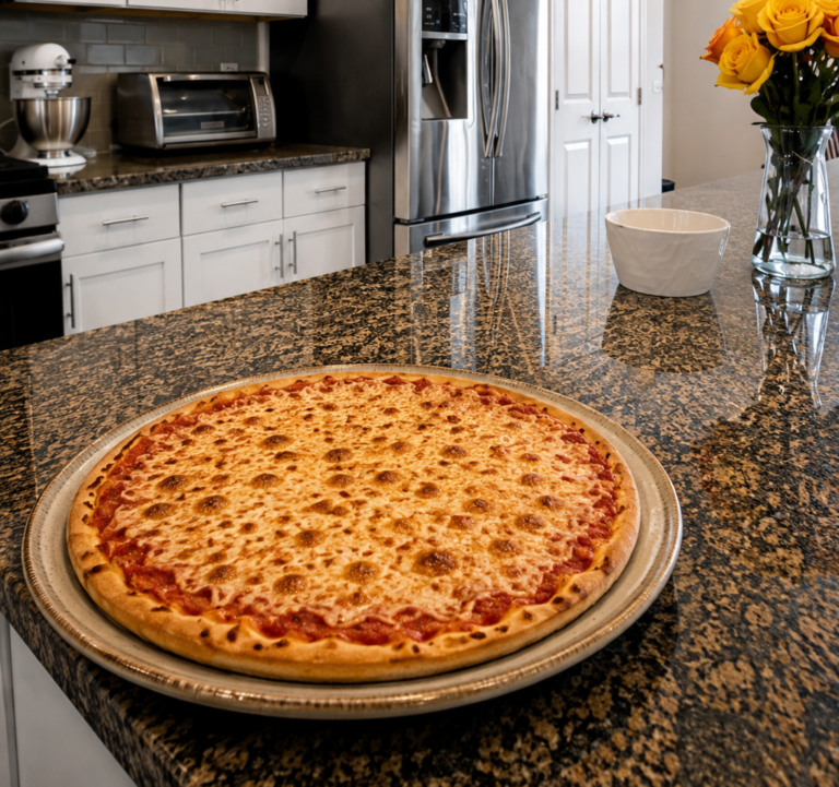 Homemade New York style cheese pizza served on a rustic plate in a bright kitchen