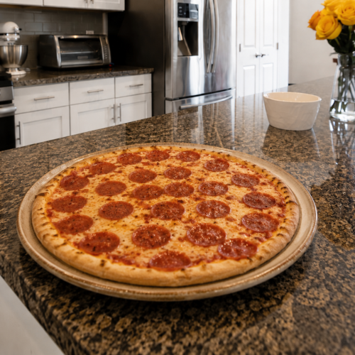 A freshly baked, sliced homemade pepperoni pizza with melted mozzarella cheese and a golden brown crust on a round pizza pan