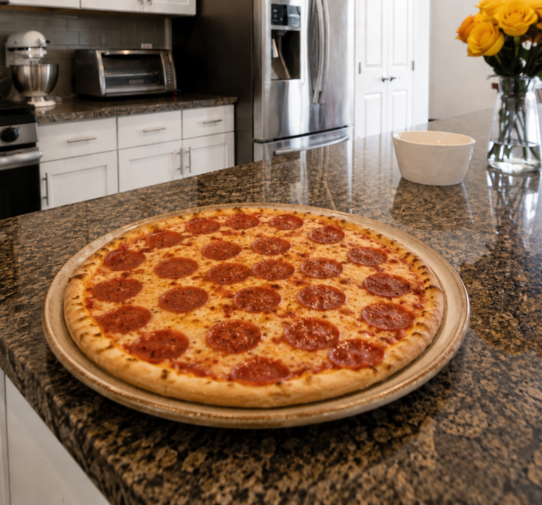 A freshly baked, sliced homemade pepperoni pizza with melted mozzarella cheese and a golden brown crust on a round pizza pan