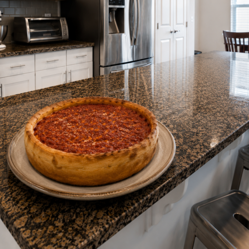 Easy Homemade Chikago Deep Dish Pizza Recipe Homemade Chicago deep dish pizza with thick crust and sausage on a plate
