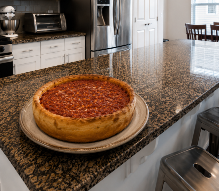 Homemade Chicago deep dish pizza with thick crust and sausage on a plate