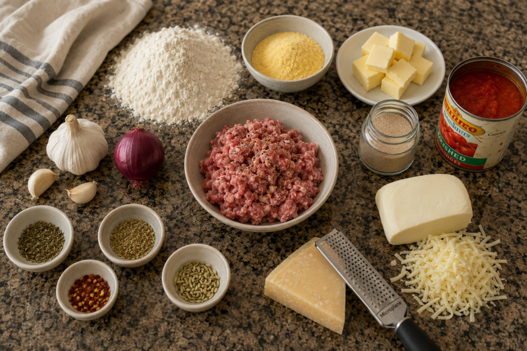 Raw ingredients for Chicago deep dish pizza recipe including flour, cornmeal, butter, crushed tomatoes, and ground pork sausage