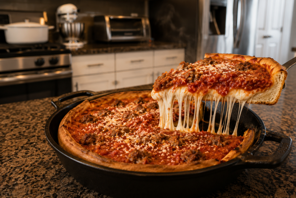 Slice of Chicago deep dish pizza lifted from the pan showing melted cheese and sausage layers