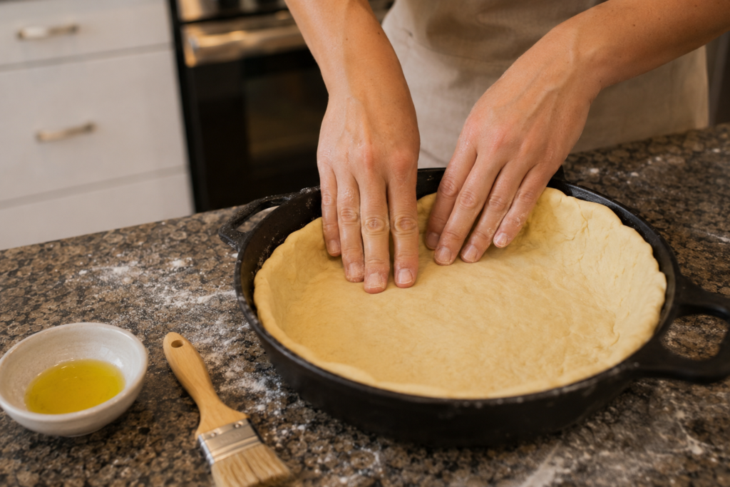 Hands pressing pizza dough into a cast iron pan for Chicago deep dish pizza
