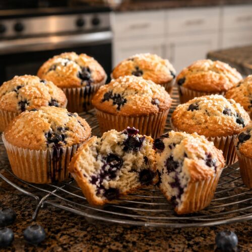 Freshly baked banana blueberry muffins with golden domed tops cooling on a wire rack, one muffin split open showing moist crumb