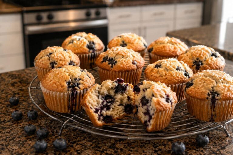 Freshly baked banana blueberry muffins with golden domed tops cooling on a wire rack, one muffin split open showing moist crumb