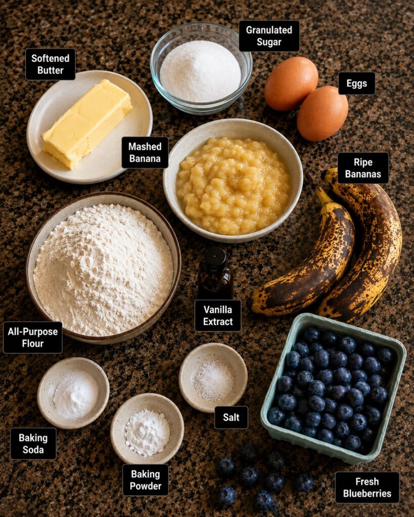 Raw ingredients for banana blueberry muffins recipe including butter, eggs, mashed banana, flour, and fresh blueberries on a wooden table