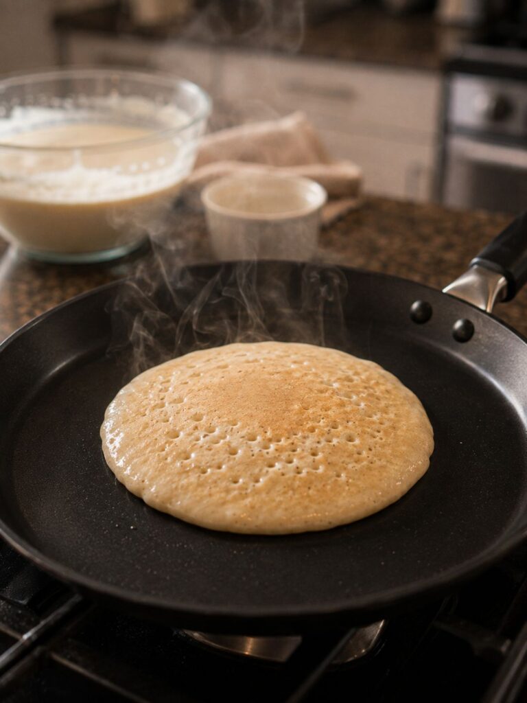 Buttermilk pancake batter cooking on a hot skillet with bubbles forming on the surface