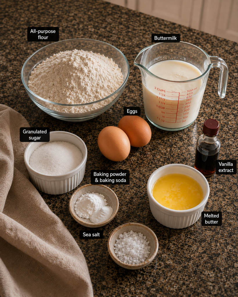 Flat-lay of ingredients for buttermilk pancakes recipe including flour, eggs, buttermilk, and butter