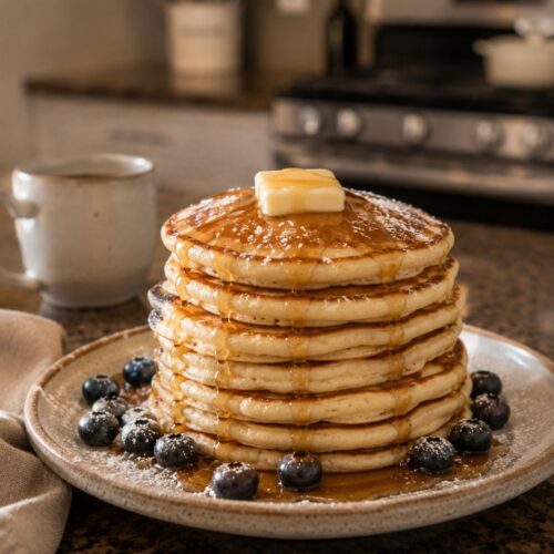 Stack of fluffy buttermilk pancakes topped with butter, syrup, and fresh blueberries
