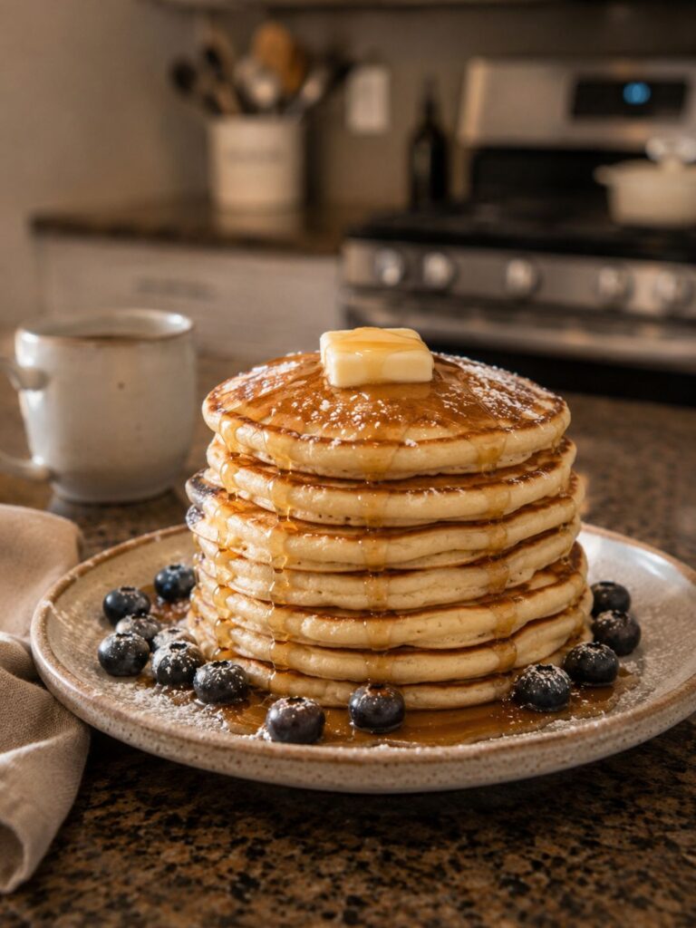 Stack of fluffy buttermilk pancakes topped with butter, syrup, and fresh blueberries