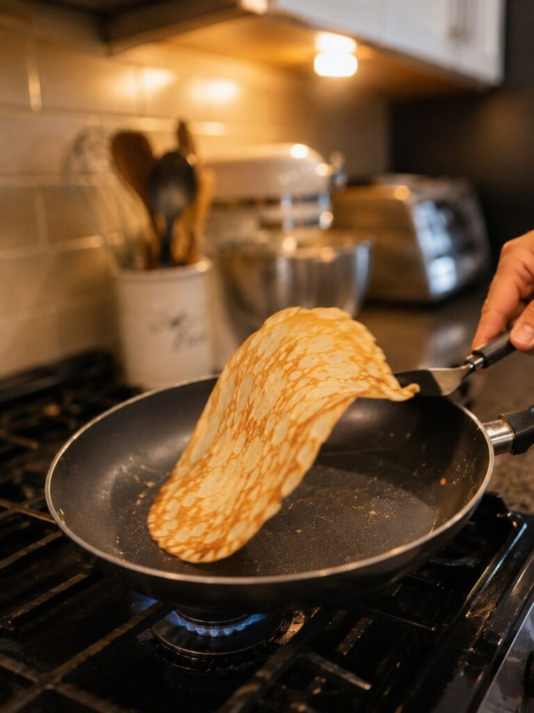 Flipping a golden crepe with a spatula while cooking an easy homemade crepe recipe
