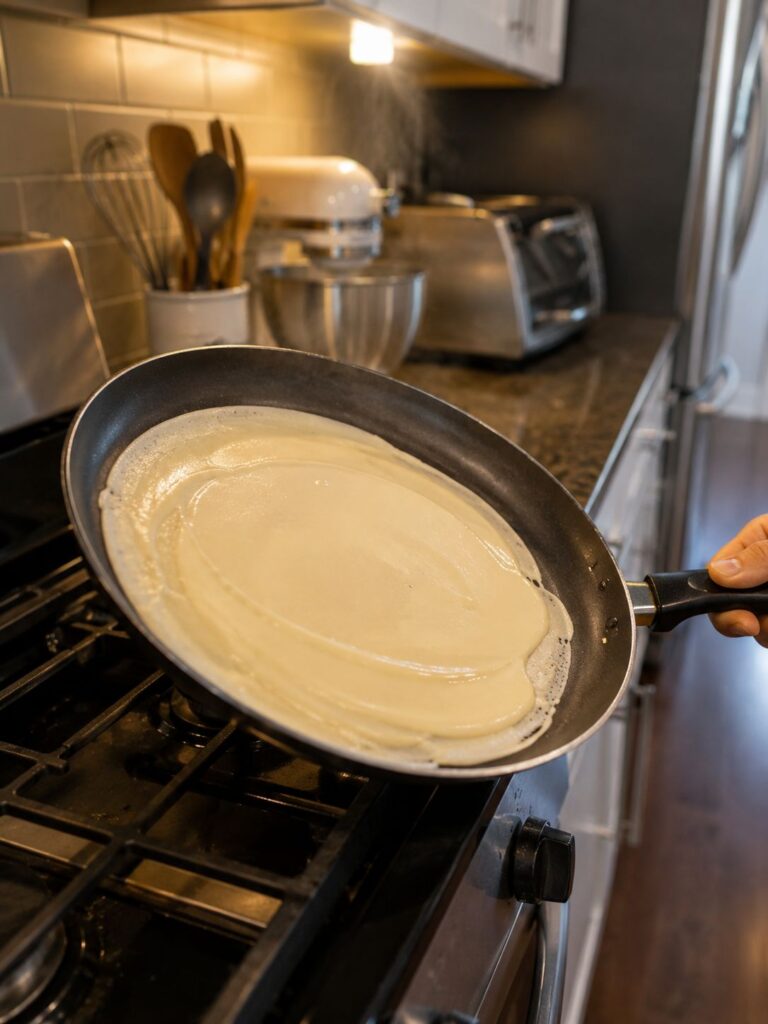 Pouring and swirling crepe batter in a nonstick pan for an easy crepe recipe