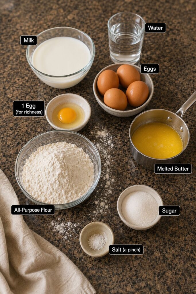 Ingredients for an easy homemade crepe recipe including flour, eggs, milk, and butter