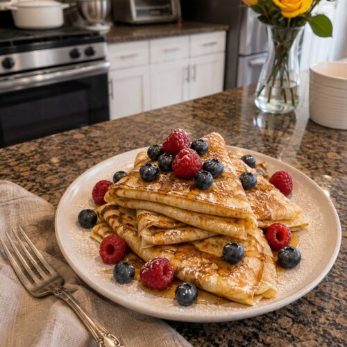 Plated easy homemade crepes topped with fresh berries and powdered sugar