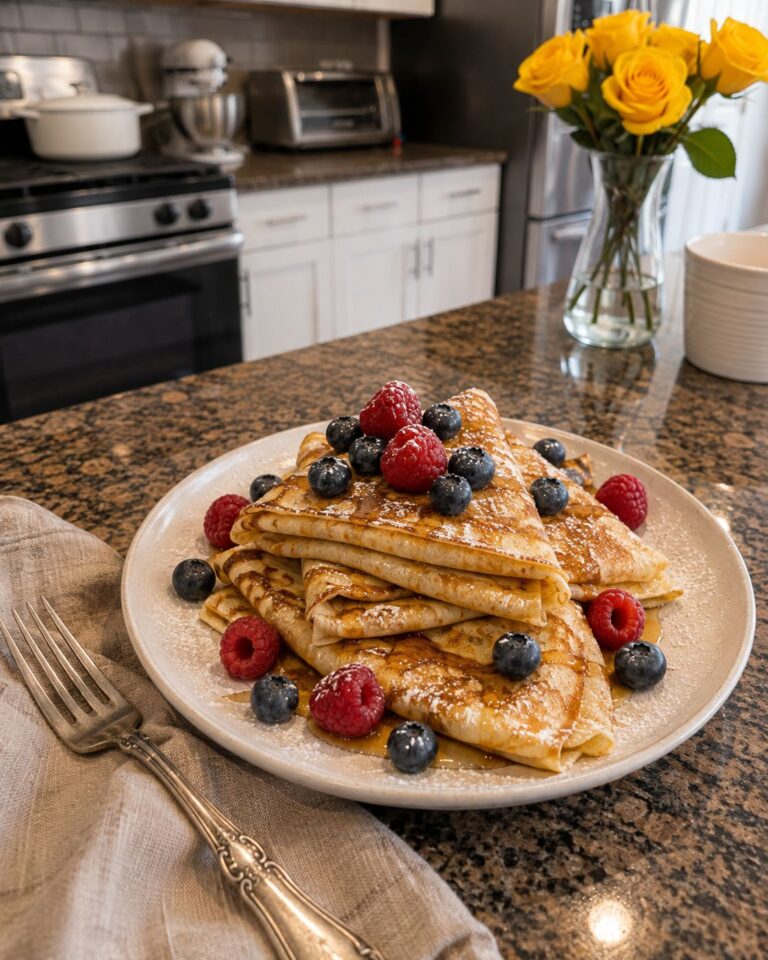 Plated easy homemade crepes topped with fresh berries and powdered sugar