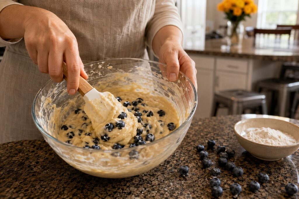 Hand folding fresh blueberries into banana muffin batter with a spatula in a glass mixing bowl