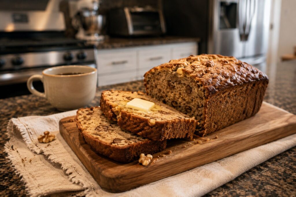 Sliced moist banana bread recipe showing soft interior with walnuts and raisins