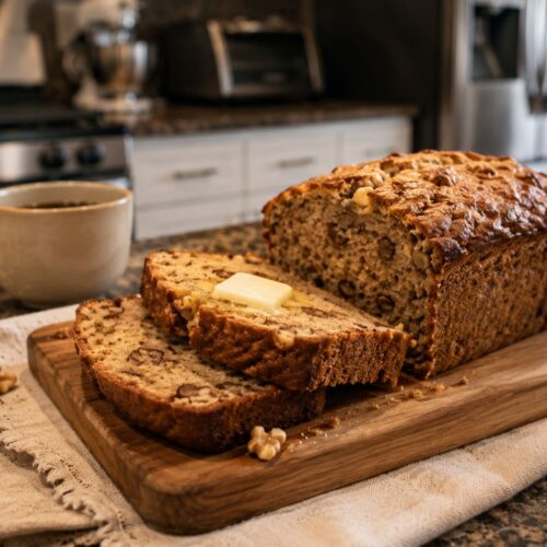 Sliced moist banana bread recipe showing soft interior with walnuts and raisins