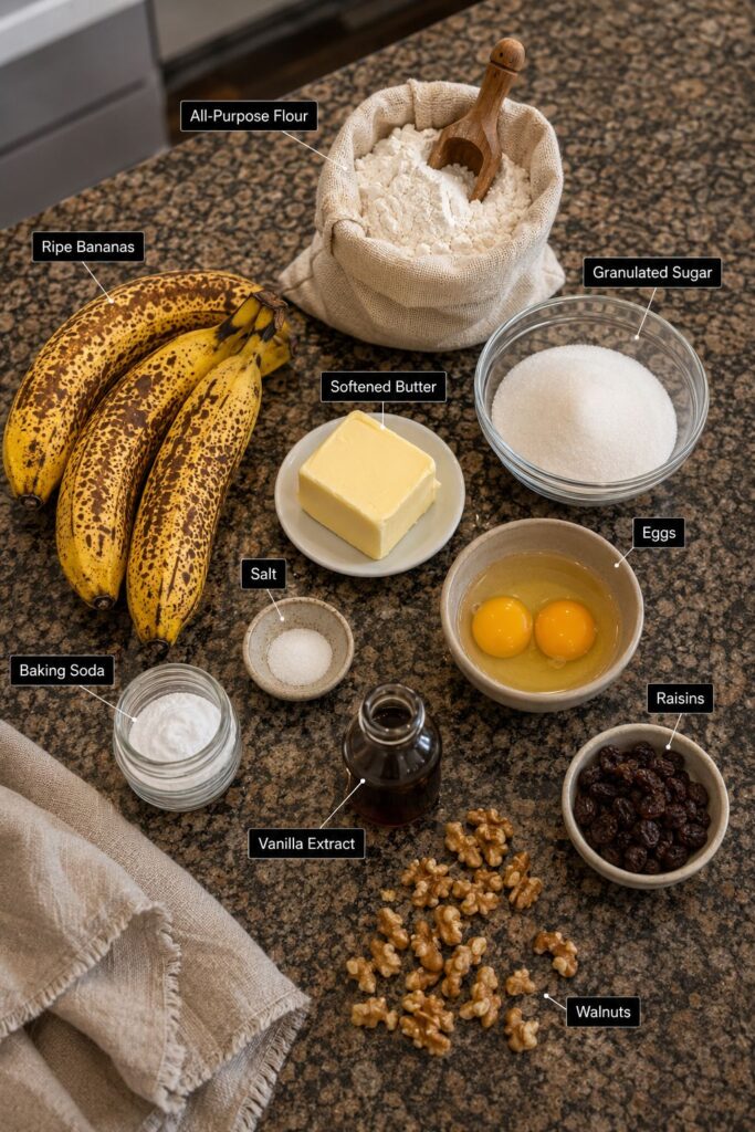 Raw ingredients for moist banana bread recipe including ripe bananas, butter, flour, walnuts, and raisins