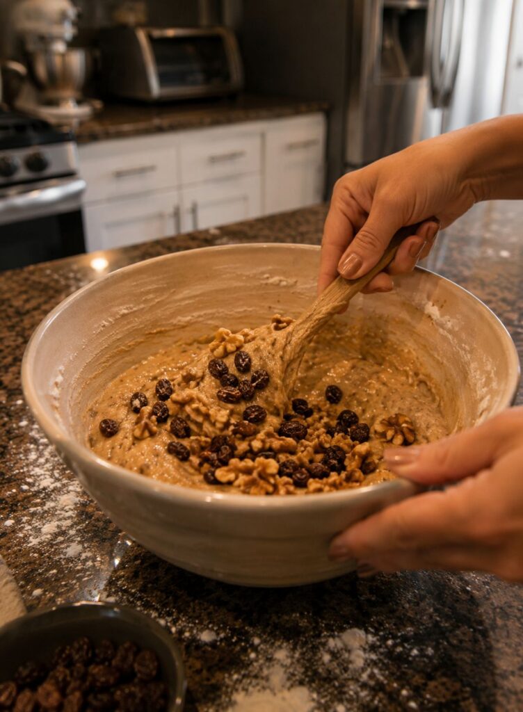 Folding walnuts and raisins into banana bread batter for a moist banana bread recipe