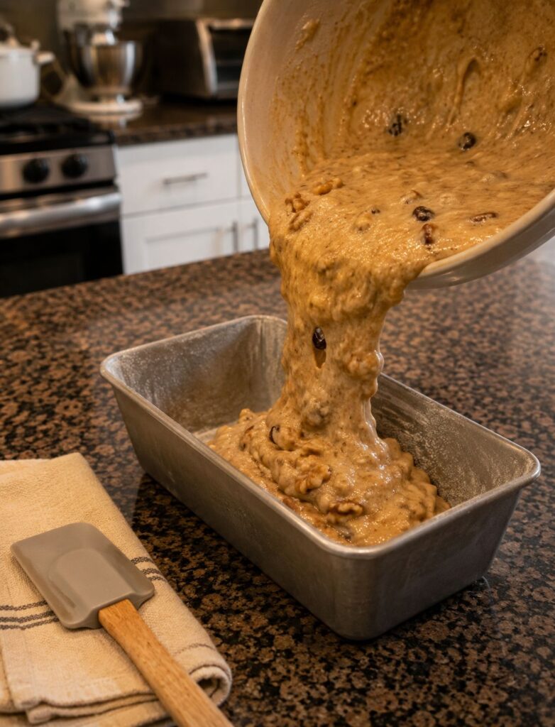 Pouring banana bread batter into a loaf pan for a moist banana bread recipe