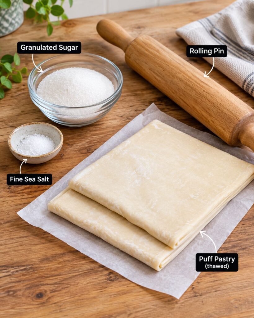 Ingredients for palmiers recipe including sugar, puff pastry, and sea salt laid out on a wooden counter