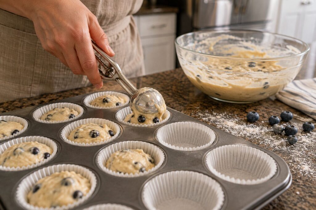 Ice cream scoop portioning banana blueberry muffin batter into a lined muffin tin
