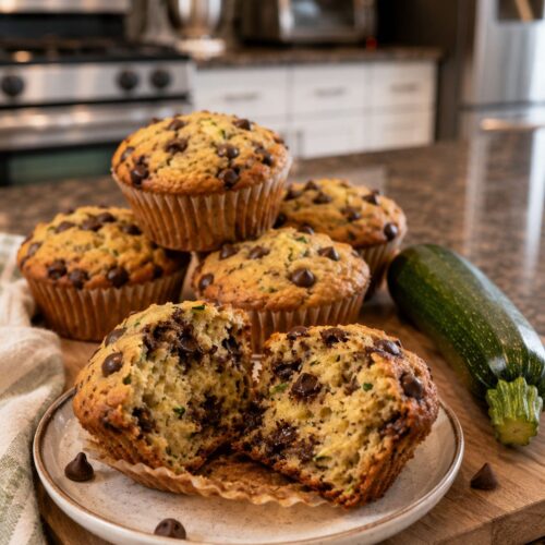 Finished zucchini muffins with chocolate chips, one split open