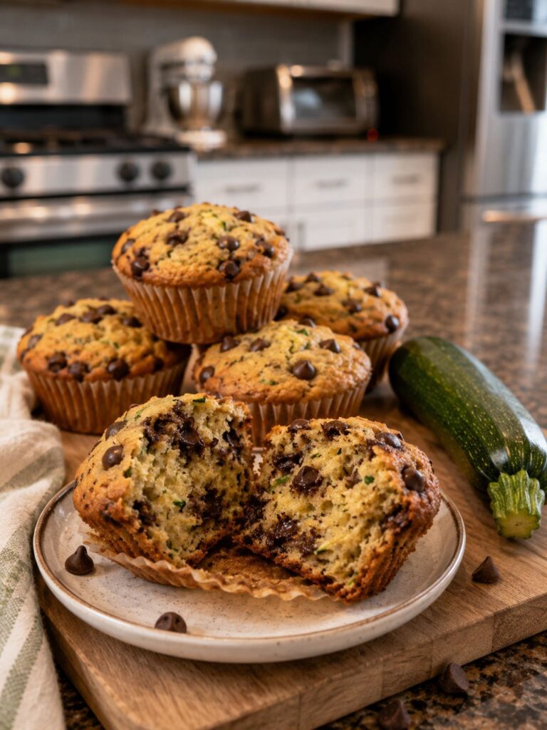 Finished zucchini muffins with chocolate chips, one split open