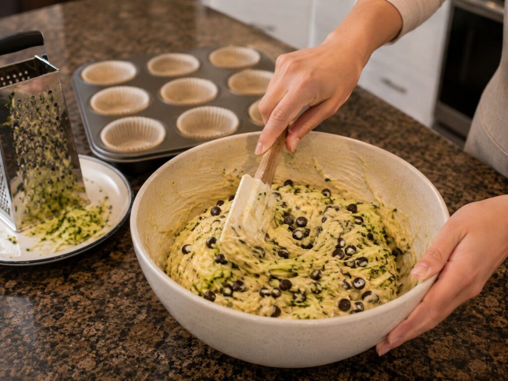 Folding grated zucchini and chocolate chips into muffin batter