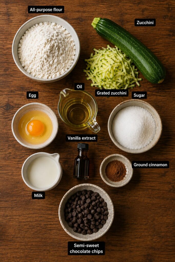 Ingredients for zucchini muffins recipe laid out on a kitchen counter