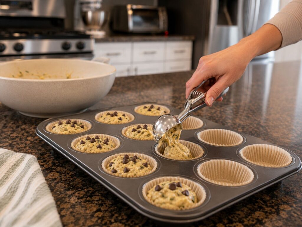 Scooping zucchini muffin batter into a lined muffin pan