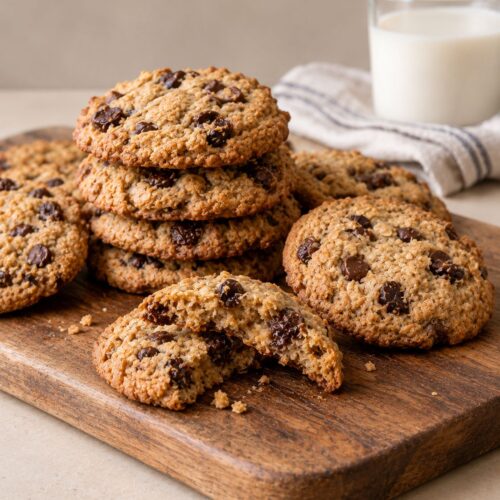 Stack of soft baked oatmeal raisin cookies with melted chocolate chips on a wooden board