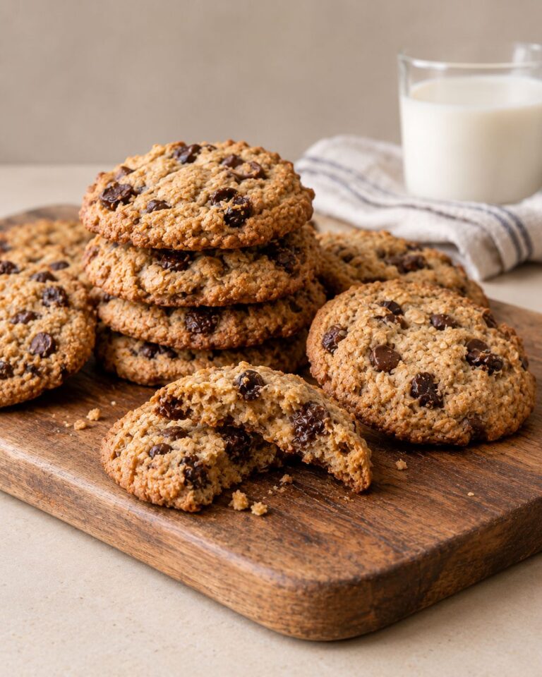 Stack of soft baked oatmeal raisin cookies with melted chocolate chips on a wooden board