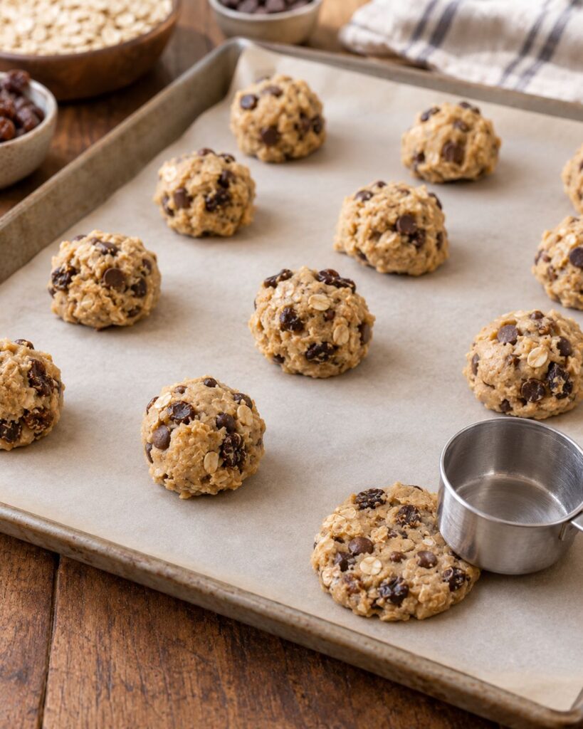 Oatmeal raisin cookie dough balls portioned onto a parchment-lined baking sheet before baking