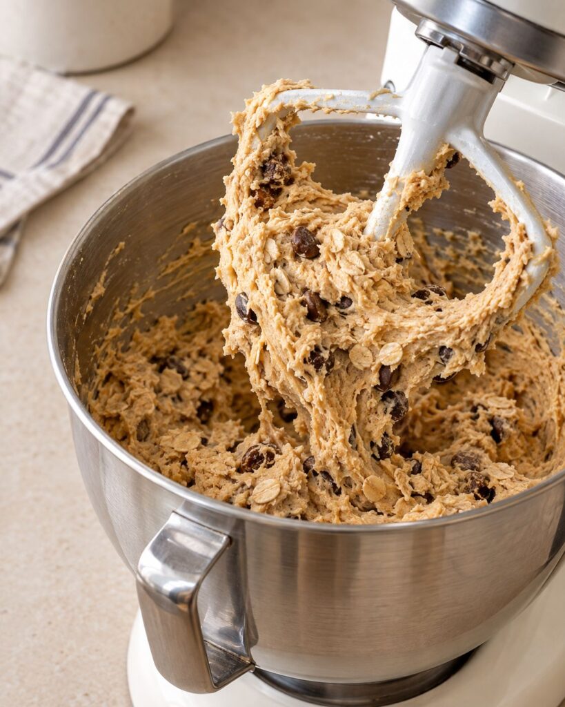 Thick oatmeal raisin cookie dough being mixed with a stand mixer paddle attachment