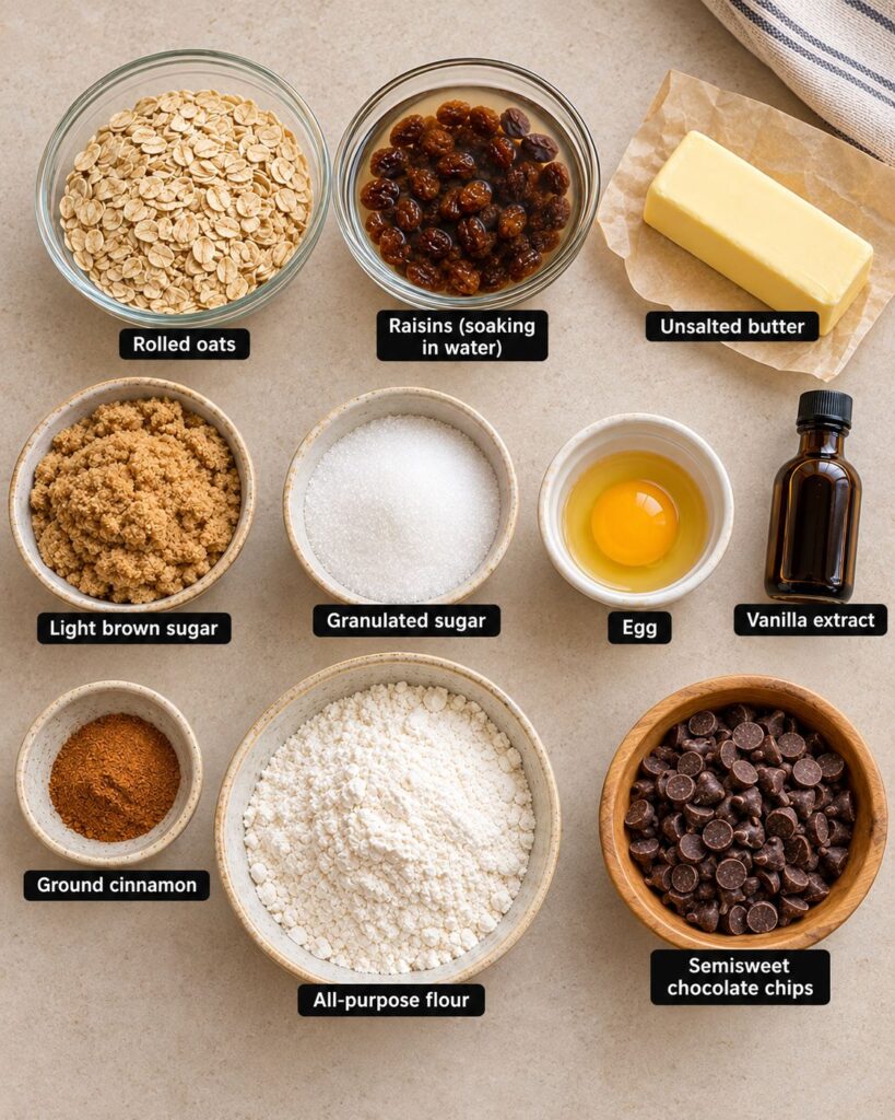 Raw ingredients for oatmeal raisin cookies including oats, raisins, butter, and cinnamon laid out on a wooden counter