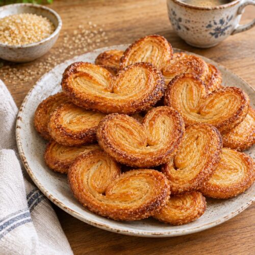 Golden baked palmiers cookies plated on a wooden table