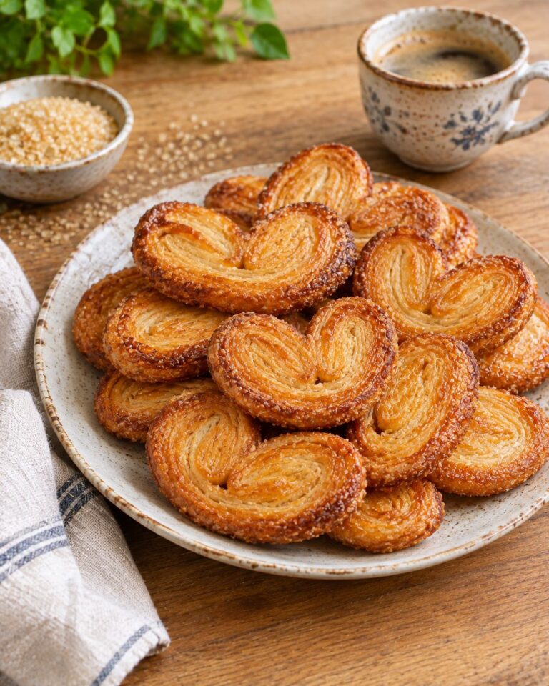Golden baked palmiers cookies plated on a wooden table