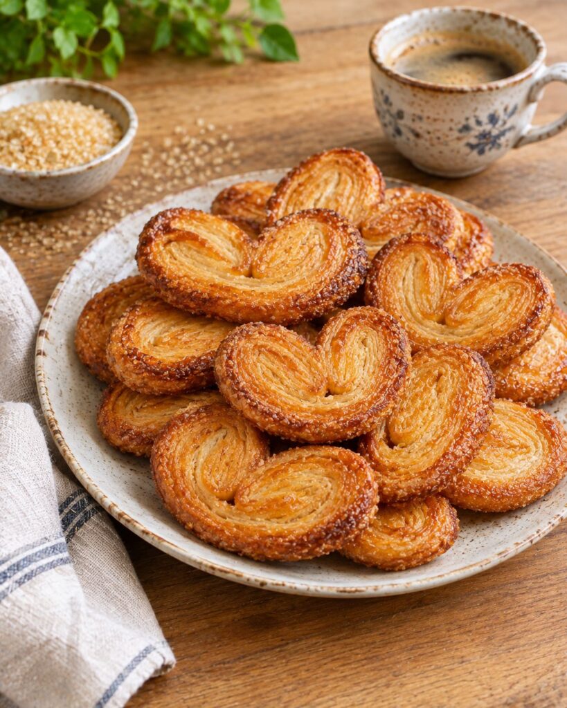 Golden baked palmiers cookies plated on a wooden table