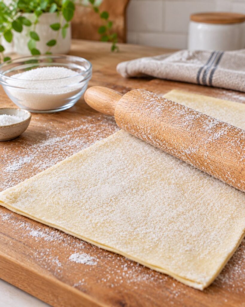 Rolling pin pressing sugar into puff pastry for palmiers recipe