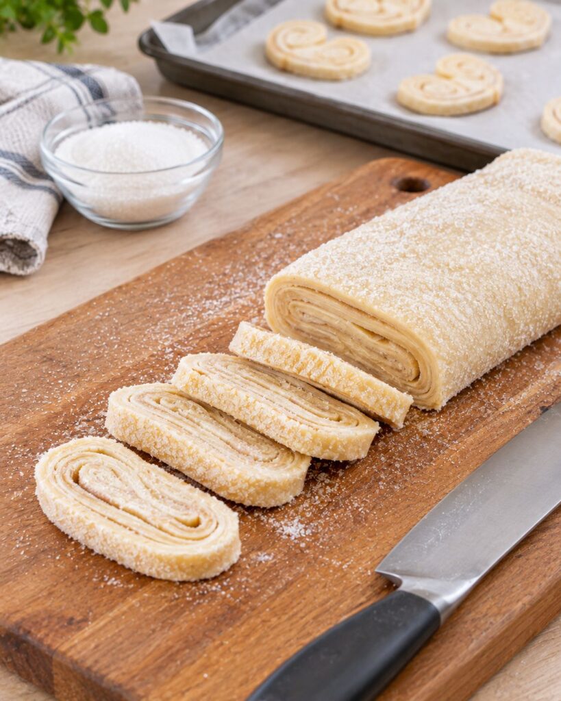 Slicing folded puff pastry log into palmiers cookies